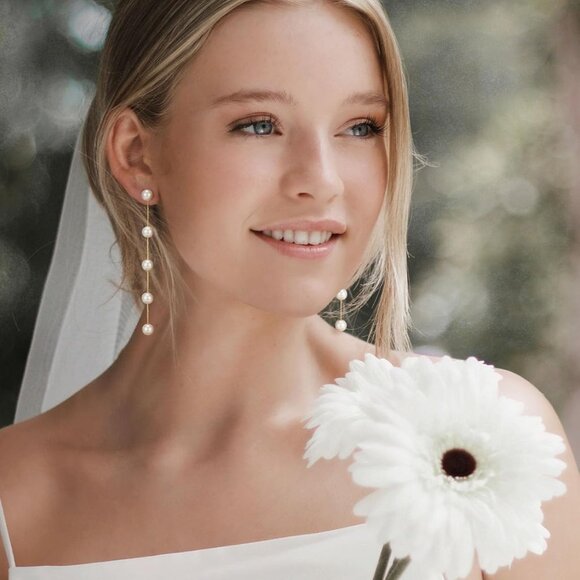 Gold Plated Pearl Drop Earrings Dangle Bridal Prom Jewelry for Women - Picture 4 of 9